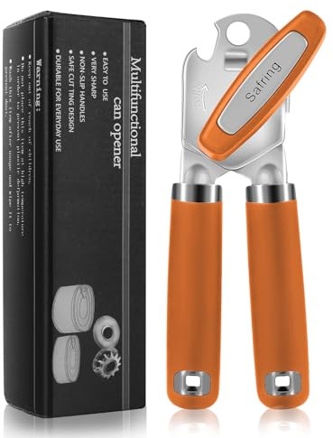 Safring Can Opener Manual, Heavy Duty Handheld Strong Can Opener with Soft Touch Handle, Sharp Blade Smooth Edge, Can Openers with Multifunctional Bottle Opener, Orange