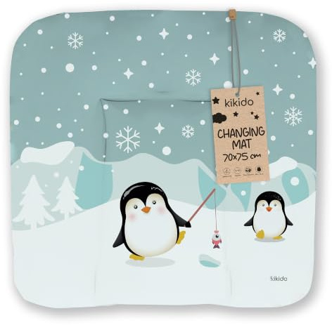 Kikido Wickelauflage 75x70 cm - Pinguine - Baby Wickelauflagen Wasserfest, Abwaschbar und Pflegeleicht - Wickelunterlage Weich Tragbare, Leicht zu Reinigen - Universal-Wickelauflage 70x75