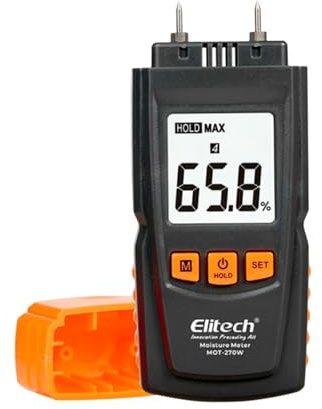 Elitech Holzfeuchtemessgerät Digital, 4 Holzarten, ±2% Genauigkeit, 9,8 mm Sonden, Feuchtigkeitsmesser für Holz/Papier/Bambus/Kräuter, automatische Kalibrierung