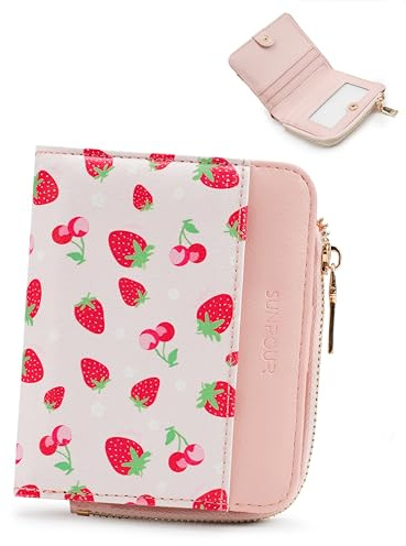 Sunpour Portemonnaie Damen Klein RFID-Schutz, Slim Wallet Vintage-Leder (Rosa mit Erdbeer-Motiv)