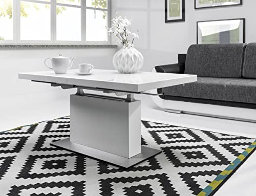 Couchtisch MN-3 Weiß Seidenmatt Weißglas höhenverstellbar & ausziehbar