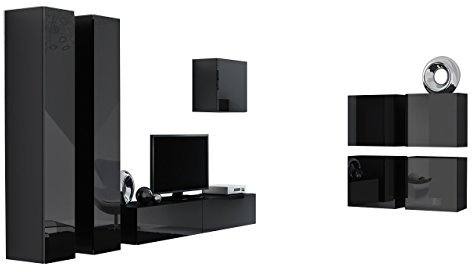 Wohnwand Vigo XXIV, Design Mediawand, Modernes Wohnzimmer Set, Anbauwand, Hängeschrank TV Lowboard, (Schwarz/Schwarz Hochglanz)