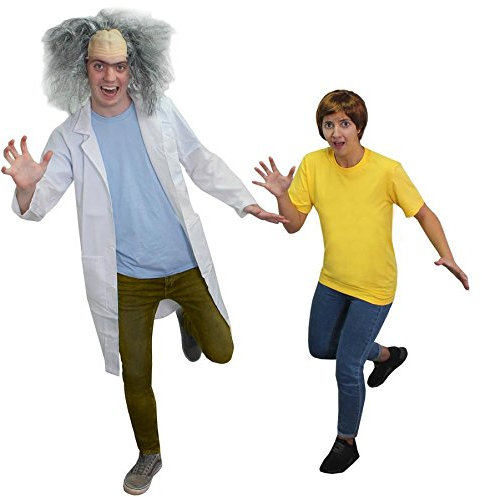 PAARE KOSTÜM FÜR EINEN VERÜCKTEN PROFESSOR & SEINEN BEGLEITER. VERRÜCKTE WISSENSCHAFTLER KOSTÜM KOMMT. 2 PERÜCKEN + 1 WEISSEN KITTEL + EIN GELBES TSHIRT + 1 BLAUES TSHIRT & COMPANION KOSTÜM MIT WIG.