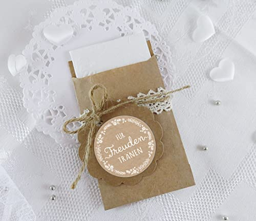 Freuden Tränen Taschentücher Set zur Hochzeit 48 Sticker + 48 braune Flachbeutel Kraftpapier - 63 x 93 mm für Freudentränen Taschentuch Verpackungen Aufkleber NATUR Kraftpapier Look