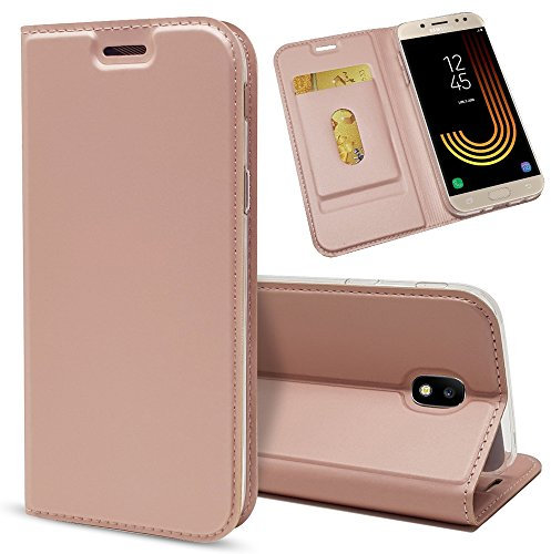 NALIA Coque Flip-Case Compatible avec Samsung Galaxy J3 2017, Fine Magnétique Housse Protection Avant & Arrière Cover Etui en Cuir Synthétique, Anti-Choc Bumper Mince Résistant, Couleur:Rose Gold Or