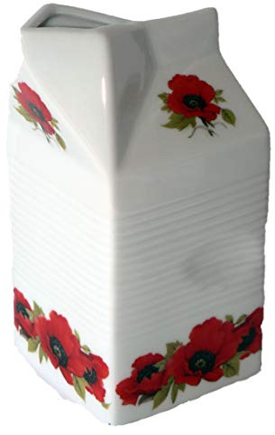 Milk Carton Shaped jug Off White Ceramic Decorated with Bright red Poppy Patten