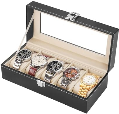 Flexzion Uhrenschachtel-Organizer für Männer und Frauen - Schmuck Uhrenschachtel-Halter Display Aufbewahrung Sammler Luxus-Set mit Glas Top Display Sichtfenster PU-Leder Samt Kissen Schwarz (5 Slot)