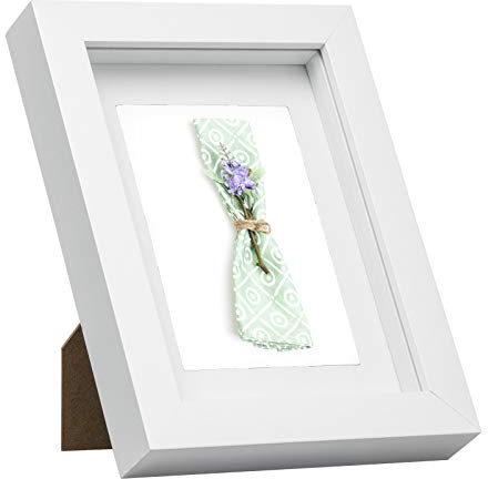 EUGAD Cadre Photo, 3D, Vitre en Verre avec Papier Passe-Partout, Cadre de Boîte d'Ombre pour Objets jusqu'à 1,5cm, en Bois, 13x18cm, Blanc