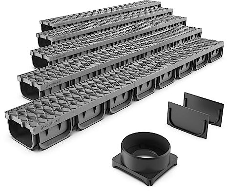 VODALAND EASY 2 - Canaleta de Desagüe de 5 Metros con Rejilla de Plástico Gris |Sistema de Drenaje para Jardines,Aguas Pluviales y Terrazas|Resistente y Fácil Instalación | Kit Completo para Drenaje