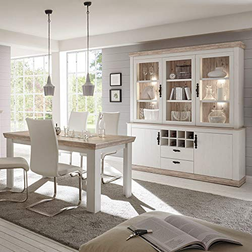 Lomadox Esszimmer-Set, Buffetschrank und Esstisch, Landhaus Stil Pinie weiß, Oslo Pinie dunkel