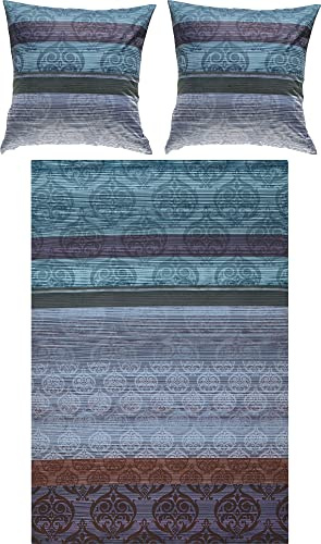 Erwin Müller Bettwäsche, Bettgarnitur Mako-Satin Ornamente blau-braun-violett Größe 80x80 cm / 200x200 cm - feinste Baumwolle, angenehmes Schlafklima, mit praktischem Reißverschluss