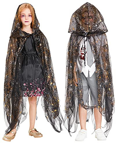 IKALI Kinder Halloween Umhang Kapuzen Robe Umhang, Spinnennetz gedruckt schwarze Spitze Kostüm, Party Dress Up Geschenk für Jungen Mädchen Zauberer Unisex Gothic Outfit 110-170