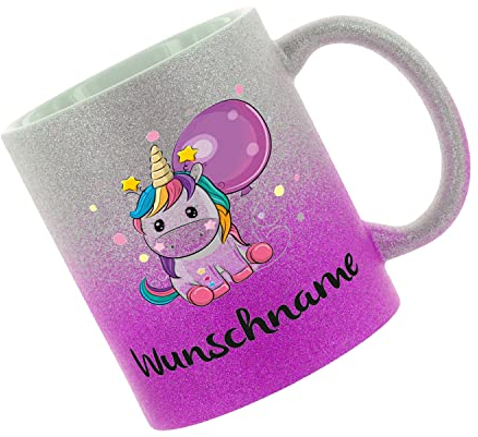 Crealuxe Farbverlauf-Glitzertasse (silber-purple) Wunschname Einhorn.. - Glitzertasse mit Farbverlauf - Kaffeetasse