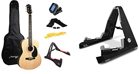 Martin Smith Akustikgitarren-Set mit Akustikgitarre in voller Größe, Gitarrenständer, Gitarrentuner, Gitarrentasche, Gitarrengurt, Gitarrenplektren und Ersatzsaiten & tragbare Klappgitarrenständer