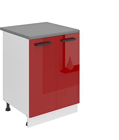 Belini Unterschrank Küche, Küchenunterschrank 60 cm Breite. SD2 Küchenunterschrank mit Arbeitsplatte. Küchenschrank mit 2 Türen, Rot Hochglanz