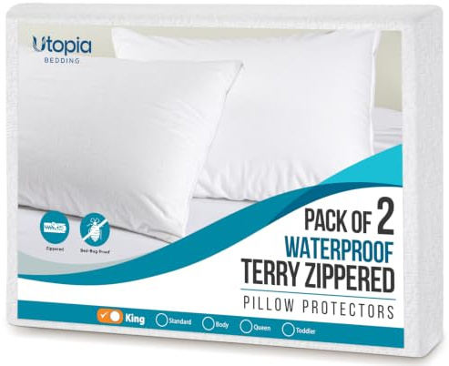 Soft Terry Waterproof Pillow Protectors with Zipper King Size, Set of 2 | Utopia Bedding Pillow Covers, Bedbug & Dust Mite Proof Pillow Cases, Moisture Wicking, Airy & Machine Washable Encasements