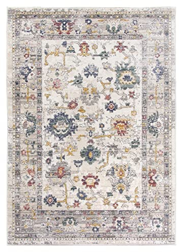 SrS Rugs Vintage Rugs for Living Room, Bedroom, Dining Room, Kitchen Room - Boho Distressed Traditional Faded Ikat Style Multicoloured Design Smooth Soft Low Pile (Vesta Cream, 200 x 300 cm)