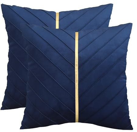 Tosleo 60 x 60 cm Kissenbezüge 2er Set Samt Kissen mit Goldfarbenem Leder Dekokissen Moderne Luxuriös für Sofa Gartenbett Couch Wohnzimmer Sofakissen Bett Marineblau
