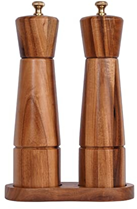 DeroTeno Salt and Pepper Mill Set with Tray, Adjustable Ceramic Grinder Salt Mill, Stainless Steel Grinder Pepper Mill, Acacia Wood, 22 cm Height, Bottom Dia 5.5 cm (Tray is Included)