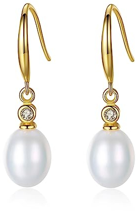 Bellitia Jewelry Handpicked Freshwater Cultured Pearl Earrings Dangle Earrings, Gold Plated 925 Sterling Silver Drop Earrings Dainty Long White Cultured Pearl & CZ Diamond Hook Earrings for Women
