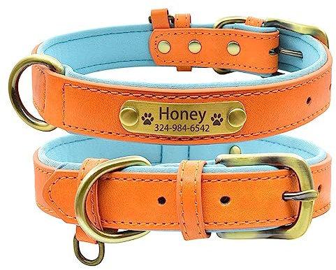SARUEL Personalized Padded Dog Name Collar For SmalL Medium Large Dog Custom Engraved Soft Comfortable Nameplate Pet Dog Collar,Orange,S