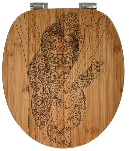 banjado® Hochwertig gravierter Design WC Sitz Bambus Absenkautomatik Faultier gezeichnet/Toilettendeckel mit Absenkautomatik Holz/Bambus Klodeckel/WC-Sitz für alle gängigen Toiletten