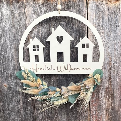 Willkommensschild - Trockenblumenkranz - Türkranz Trockenblumen - Herzlich Willkommen bei - Türkranz personalisierbar - Türhänger Familie (30cm, Naturtöne)