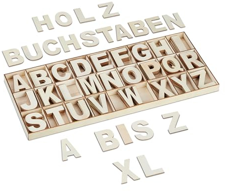 Relaxdays Holzbuchstaben Set, 208-tlg., Großbuchstaben A-Z, Deko-Buchstaben zum Basteln & Bemalen, mit Box, Natur