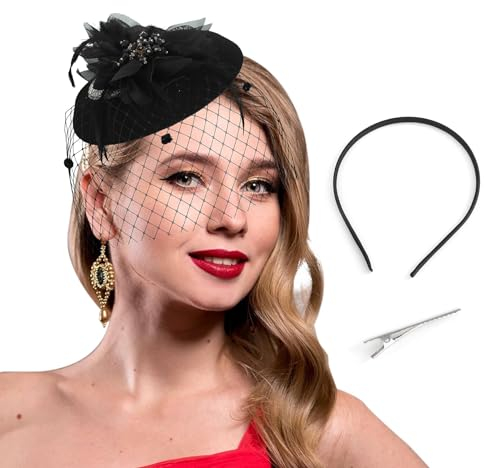 Bohend Cappello Fascinator Fiore Piuma Velo Cappelli Derby Vintage Tea Party Wedding Accessori per capelli con strass per le donne e le ragazze (Nero)