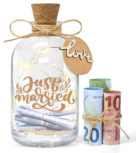 Ulikey Botella de luz LED para bodas, regalos de dinero, caja de boda, caja de dinero, caja de dinero, caja de regalo personalizada, botella luminosa para novios y recién enamorados (Just Married)