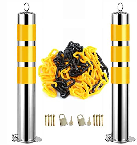 2 Stück Sicherheitspoller mit 5 m Absperrkette, Verkehrskegel aus Edelstahl, kein Parken, strukturell stabil, Verkehrsstraßenpfahl mit reflektierendem Band (650 mm H x 76 mm T (25,6 Zoll H x 3 Zoll T)