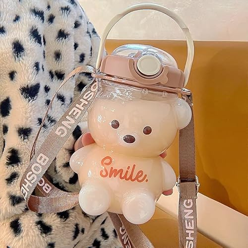 Generic Kawaii Große Wasserflasche in Bärenform, Teddybär-Trinkbecher mit Strohhalm, auslaufsicher, Trinkflasche mit Schultergurt, 1400 ml, Braun