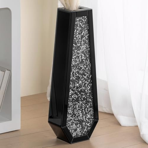 SHYFOY 24 Black Floor Vase, Black Crushed Diamond Tall Vases for Floor, Elegant Black Crystal Glass Vase for Pampas Grass Mirrored Decorative Flower Vase for Office Home Decor