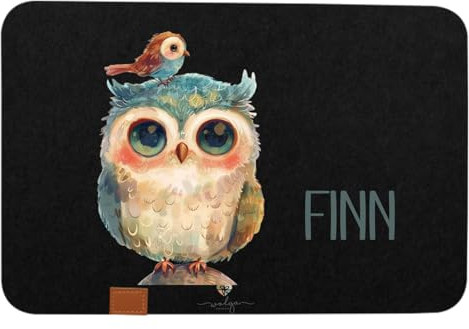wolga-kreativ personalisiertes Tischset Filz Platzdeckchen Platzset für Kinder und Kleinkinder Mädchen Junge Eule Tiere mit Namen Bedruckt Geschenk Taufe Geburt Einschulung