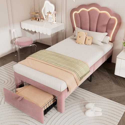Lit Enfant capitonné 90 x 190 cm, lit Simple LED avec tiroirs, Cadre de lit Junior avec sommier à Lattes et tête de lit réglable, Velours Lits de Rangement