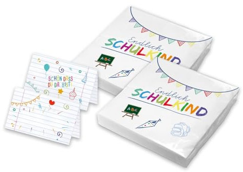 itenga Servietten Endlich Schulkind 30 x 30 cm 3-lagig 40 Stück für Einschulung Schulanfang 3lagig (SET weiss 40 Servietten + 48 Tischkarten)