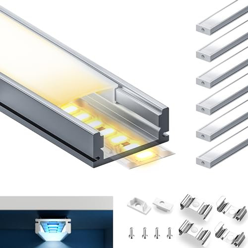 HOOLED 6 Profile Alu pour Ruban LED 2 mètres Profilé LED Encastrable Dimensions 17,4 mm x 7 mm, Largeur intérieure du Profilé12,4 mm Avec couvercle en PC blanc laiteux