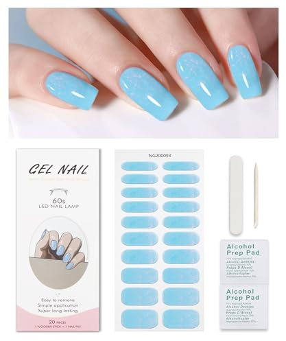 Blue Glitter Gel Nail Strips, KALEFUL Semi Cured Gel Nail Stickers Nail Art Decoration Design Supplies