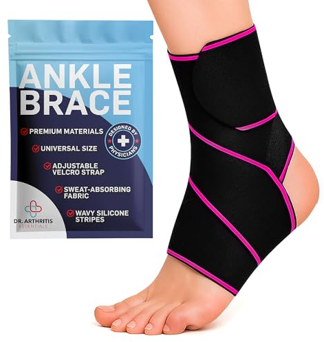 Dr. Arthritis Essentials Ankle Brace Support, Stabilizing Wrap for Sprains, Tendonitis, Achilles Injuries, Running, Basketball, Fits Left & Right Foot (Pink Single)