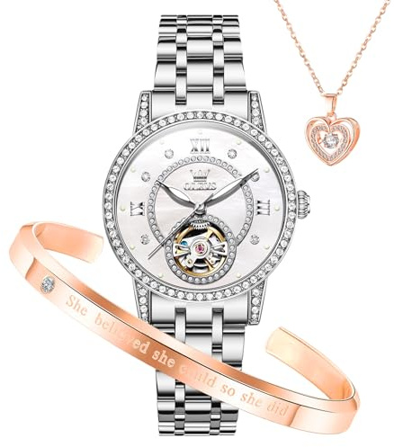 OLEVS Automatische Damenuhren, mechanisches Diamant-Skelett, luxuriöses Kleid, Edelstahl, Silber/Roségold, wasserdicht, leuchtend, Damen-Armbanduhren, Geschenk-Set, 7036: Silbernes Armband und