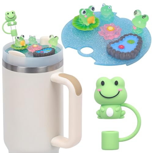 NELL&WELL Frog Themed Name Plate for 40oz Stanley Cup Lid, Cute Pond Charms with Lily Pad and Silicone Frog Straw Cover, Stanley Tumbler Lid Topper for 40oz Tumblers