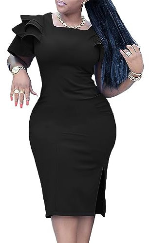 2025 Women's Fashion Square Neck Bodycon Pencil Dress Elegant Ruffle Cap Sleeve Solid Color Midi Work Business Dress(Black,S)