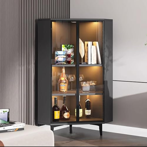 Eckvitrine aus Glas mit LED-Lichtern, moderner Curio-Schrank für Wohnzimmer, Esszimmer, Glastüren, Vitrine, Weinsammlung, 125 cm Höhe, Dunkelgrau und Schwarz