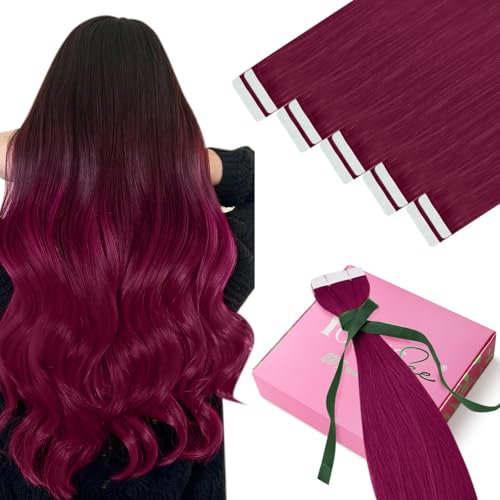 YoungSee Magenta Hair Extensions Tape in Human Hair Burgundy Invisible Tape in Hair Extensions Human Hair for Highlight Colored Hair 16In 25G 10Pcs
