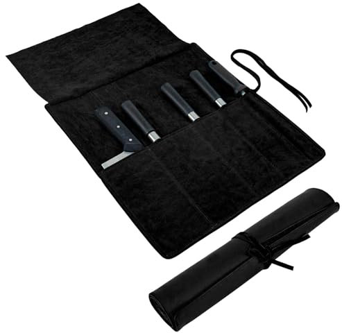 Genuine Leather Knife Roll Bag, Knife Bags for Chefs Professional, Small Chef's Knife Case Holder, Knives Holders Protectors, Portable Chef Knife Bag Leather Kitchen Knife Roll Chef Gifts, Black