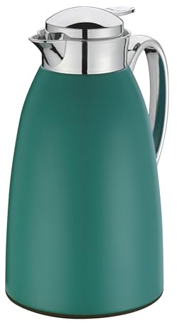 cilio Isolierkanne VENEZIA 1L, dunkelgrün, Einhand-Ausgießtaste | Vakuum-Hartglaseinsatz, rostfreier Edelstahl, 12h heiß oder 24h kalt, Schraubverschluss, 1 Liter Fassungsvermögen