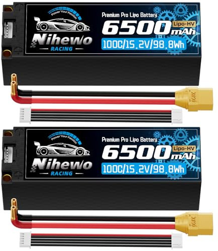 Nihewo 4S Lipo Akku 2Packs 15.2V Hochvolt Lipo Akku 6500mAh 100C Hartgehäuse mit 5mm Banane + XT90 Stecker Kompatibel mit RC Autos Truck Fahrzeugen Truggy Buggy Boot Flugzeug Modellen