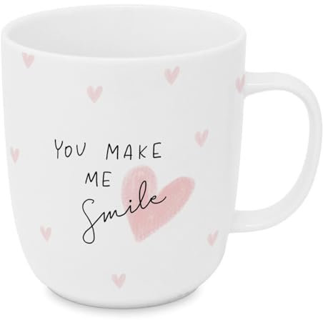 Porzellanbecher 350 ml Kaffeebecher mit Henkel aus Porzellan Spülmaschinenfest & Mikrowellengeeignet Tasse für Kaffee & Tee Höhe 10,5 cm Ø 8 cm Weiß - You make me Smile