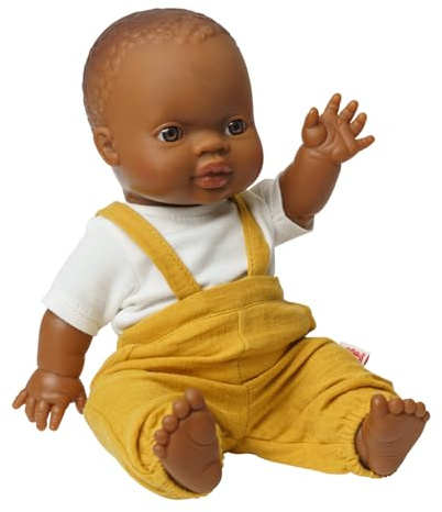 Heless 54023 - Jungen Babypuppe Gordi von Paola Reina, mit Musselin-Latzhose in Honiggelb und einem weißen Shirt, aus Bio-Baumwolle, Puppe in der Größe 34 cm