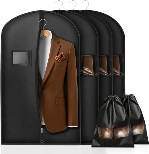 Lot de 4 Housse Vetement à Suspendre pour Homme 100 x 60 cm Pour costume, veste, chemise - Avec 2 sacs à chaussures, Housse de protection respirante avec fermeture éclair - Pour voyage et rangement